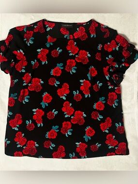 Size 14 Lane Bryant Black Top with Red Rose Print